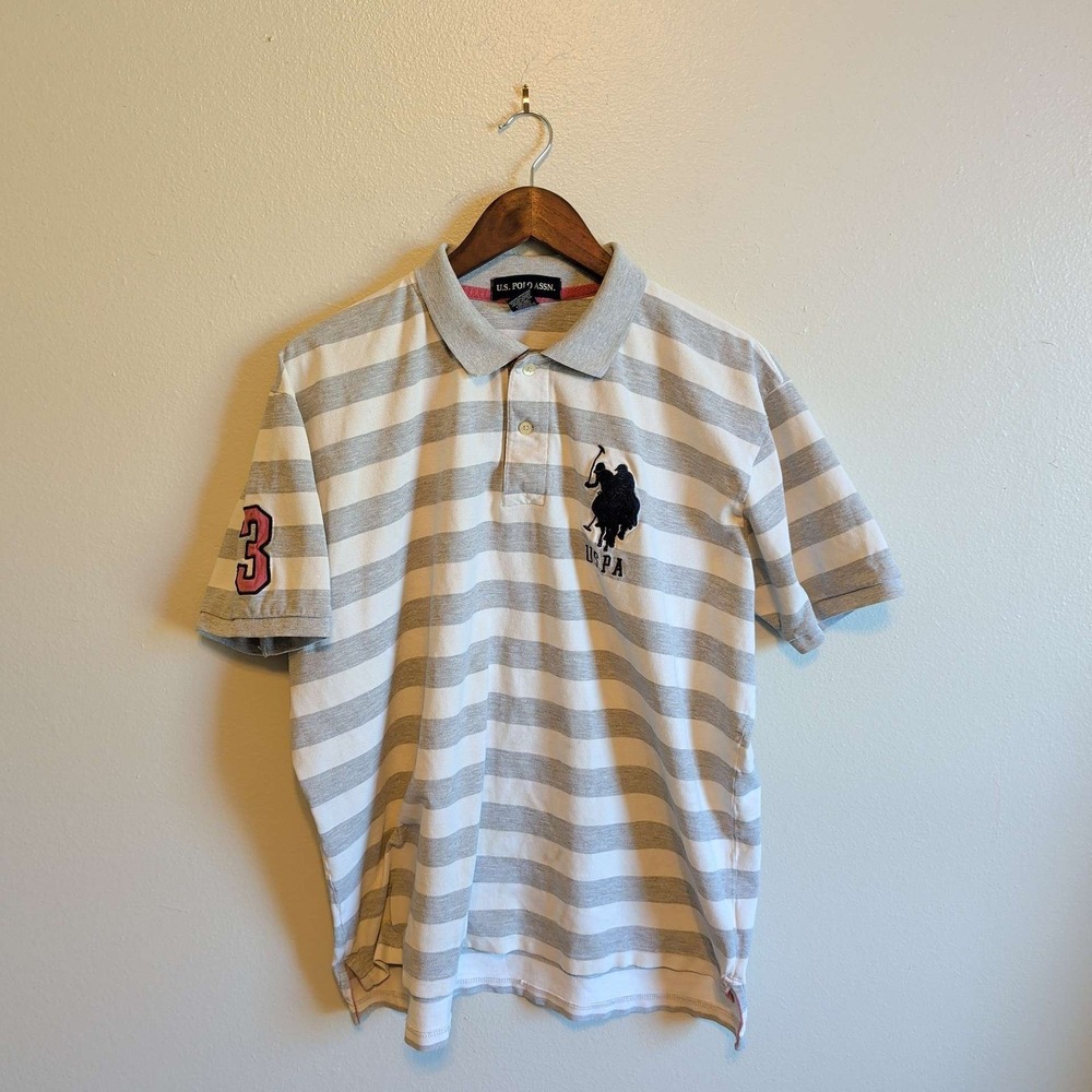 U.S. Polo Assn Polo Shirt Mens XL Grey White Striped Short Sleeve Big Logo #3